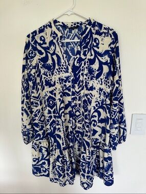 Zara Blue Cream/white Greek Isles Flowy Dress Size Small￼